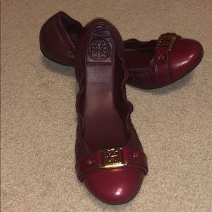 Tory Burch Bordeaux Ambrose Gold Reva Flats